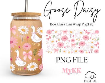 Goose Daisy Libbey Glass Wrap, 16oz Libbey Wrap Sublimation Design Png, Glass Can Wrap PNG, Goose Coquette, Goose Floral, Design Download