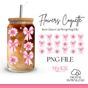 Floral Coquette Bows coquette 16oz Libbey Glass Can Wrap, Flower Coquette Bow, Coquette Libbey Wrap Sublimation Design Png, Design Download