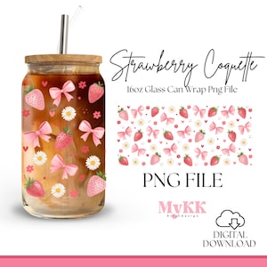 Strawberry coquette 16oz Libbey Glass Can Wrap, Strawberry Bows png, Glass Can, Spring Libbey Wrap Sublimation Design Png, Design Download