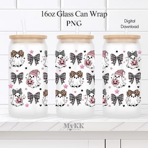 Coquette Bow Ghost Libbey Glass Wrap, 16oz Libbey Wrap Sublimation Design Png, Coquette Ghost Png, pink bow ghost wrap, Digital Download