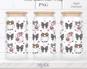 Coquette Bow Ghost Libbey Glass Wrap, 16oz Libbey Wrap Sublimation Design Png, Coquette Ghost Png, pink bow ghost wrap, Digital Download