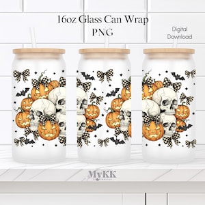 Halloween Skull & Pumpkin 16oz Glass Can Wrap PNG, Cute Spooky Tumbler Sublimation, Spooky, ghost skull, coquette ghost, Instant Download