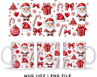 Disegni per sublimazione di tazze natalizie da 11 once, involucro per tazza da caffè PNG, involucro per tazza da caffè natalizio, tazza di Babbo Natale png, involucro per tazza PNG, download digitale