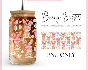 Bunny Easter Daisy 16oz Libbey Glass Can Wrap png, Cute Easter, Bunny Libbey Wrap Sublimation Design Png, Bunny Wrap png, Design Download