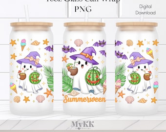 Summerween Ghost 16oz Glass Can Wrap PNG, Spooky Summer Tumbler Sublimation, Spooky Summer Png, Ghost Summer Halloween png, Instant Download