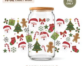 May include: A clear 16 oz Libbey glass can with a bamboo lid, featuring a repeating Christmas pattern of Santa Claus faces, gingerbread men, green pine trees, red stockings, candy canes, bows, and snowflakes. Text reads 16 OZ LIBBEY WRAP, PNG ONLY, and DIGITAL DOWNLOAD.