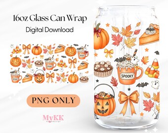 Pumpkin Spooky Season Wrap PNG, 16oz Fall Glass cup, Autumn Cup Design, Coquette Spooky Png, Halloween PNG sublimation, Digital Download