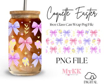 Envoltorio de vidrio para lata de Pascua de 16 oz de Libbey, vaso de vidrio con lazo, lazo, coqueta de Pascua PNG, coqueta de primavera, descarga digital