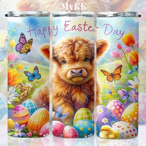 Highland Cow Easter Eggs Png, 20oz Skinny Tumbler Wrap Png, Easter Tumbler Png, Highland Cow Tumbler, Pastel Easter Png, Digital Download