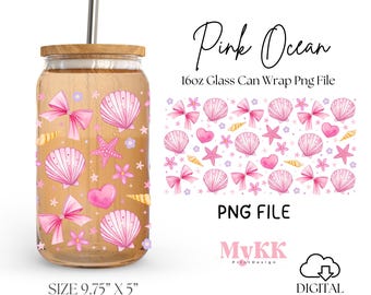 Pink Ocean Beach 16oz Libbey Wrap Sublimation Design Png, Coastal Coquette, Coquette Seashell, Summer Vibes, Retro Summer, Design Download
