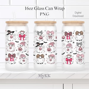Pink Coquette Ghost Libbey Glass Wrap, 16oz Libbey Wrap Sublimation Design Png, Spooky cute ghost Png, pink bow ghost wrap, Digital Download