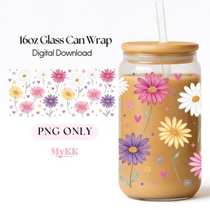 Envoltura de vidrio Libbey con margaritas, diseño de sublimación de envoltura Libbey de 16 oz (PNG), envoltura de lata de vidrio (PNG), vaso de vidrio con margaritas, diseño floral (PNG)