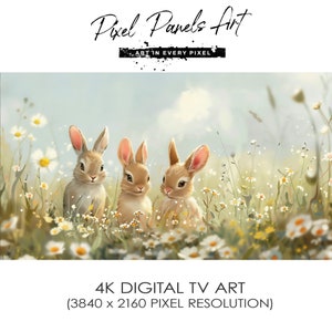 Puede incluir: Tres conejos marrones sentados en un campo de margaritas blancas. Los conejos miran a la cámara. El fondo es un cielo azul con nubes blancas. La imagen es una obra de arte digital para televisión 4K con una resolución de 3840 x 2160 píxeles.