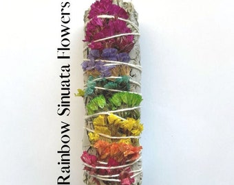 Rainbow 7 Chakras Sinuata Flowers and White Sage 4" Smudge Sticks - Spiritual Cleansing and Harmony