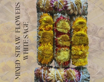 Mixed Straw Flowers Paper & White Sage 4" Smudge Sticks
