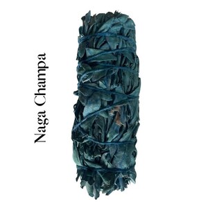 May include: A blue and white smudge stick with the text "Naga Champa" printed on the left side of the image.