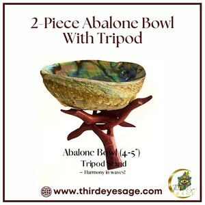 May include: A two-piece abalone bowl with iridescent green, blue, and purple hues, resting on a wooden tripod stand. The bowl is approximately 4-5 inches in diameter. The text "Harmony in waves!" is written below the bowl.