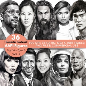 Könnte beinhalten: Ein Set mit 36 Schwarzweiß-Digitalillustrationen von asiatischen und pazifischen Inselbewohnern. Die Illustrationen sind realistische Porträts verschiedener Personen, darunter Schauspieler, Sportler und andere bemerkenswerte Persönlichkeiten. Die Bilder haben eine Auflösung von 300 DPI, 1792 x 2688 Pixel und sind für kommerzielle Zwecke geeignet.