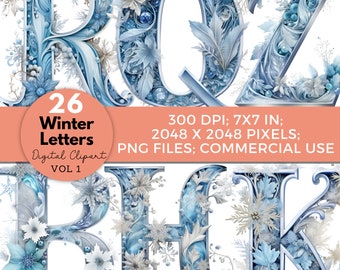 Pode incluir: Um conjunto de 26 letras do alfabeto com tema de inverno em azul e branco com um design ornamentado e gelado. As letras são decoradas com flocos de neve, flores e bagas. As letras medem 17,8 cm x 17,8 cm e 300 DPI. As letras são arquivos PNG e podem ser usadas para fins comerciais.