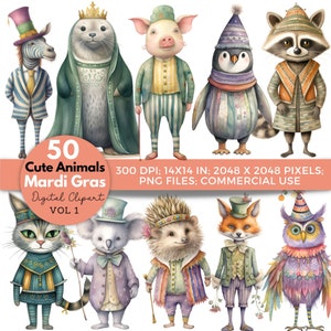 May include: 50 digital clip art images of cute animals dressed in Mardi Gras costumes. The animals include a zebra, seal, pig, penguin, raccoon, cat, koala, hedgehog, fox, and owl. The images are 300 DPI, 14x14 inches, and 2048x2048 pixels. They are PNG files and can be used for commercial purposes.