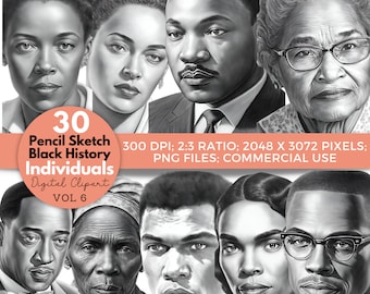 Może przedstawiać: Zestaw 30 ilustracji ołówkiem przedstawiających ważne postaci z historii czarnoskórych. Obrazy są w czerni i bieli i przedstawiają różne osoby, w tym Martina Luthera Kinga Jr., Rosę Parks i Muhammada Ali. Obrazy są wysokiej rozdzielczości i idealne do użycia w projektach cyfrowych.