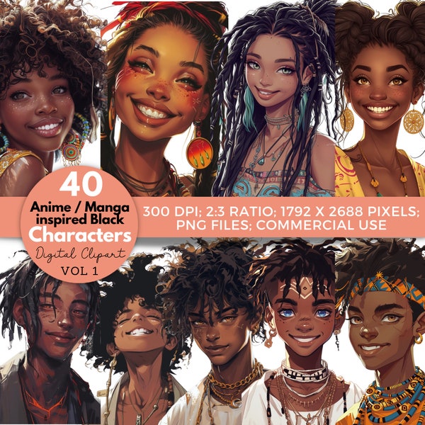 Black History Month Anime & Manga Inspired African American Character Clipart Collection Anime girl design, anime art, anime feminine design