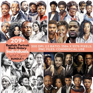 May include: A digital clipart bundle of 209+ realistic portraits of Black historical figures. The portraits are in a watercolour style and are arranged in a grid. The text "209+ Realistic Portrait Black History Individuals Digital Clipart Bundle 1" is displayed at the top of the image. The text "300 DPI; 2:3 RATIO; 3584 X 5376 PIXELS; PNG FILES; COMMERCIAL USE" is displayed at the bottom of the image.