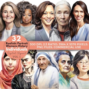 Women&#39;s History Month Clipart: Watercolor Portraits (Digital Download)