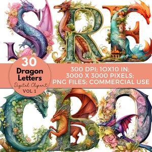 Letras imprimibles para tablón de anuncios, pósteres del alfabeto de letras A-Z de dragón de cuento de hadas, pegatinas, diario basura de álbum de recortes, clipart de cuento de hadas PNG