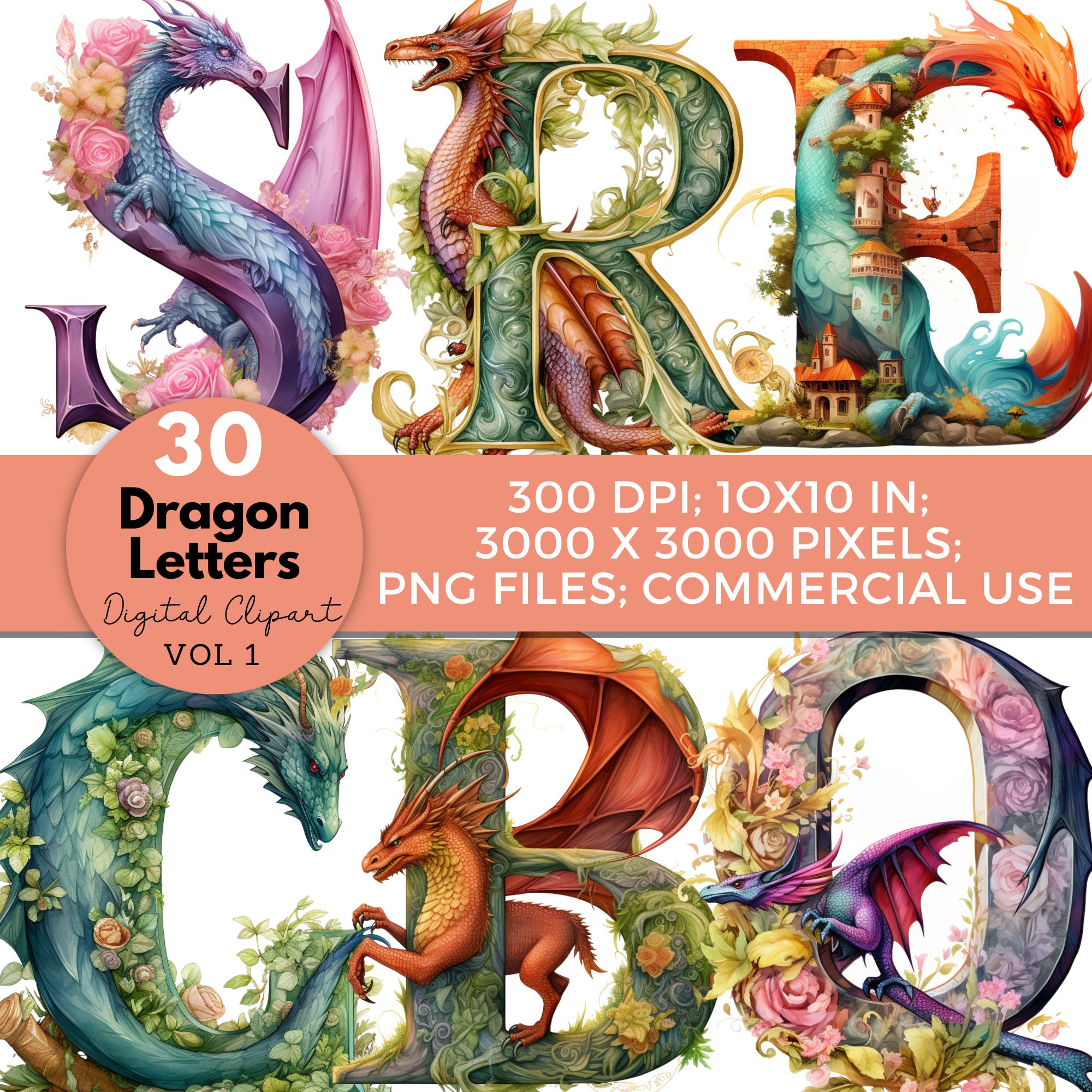 Dragon Alphabet Letters: Fairy Tale Bulletin Board Clipart (PNG Digital Download