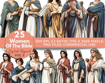 Könnte beinhalten: Digitales Clipart mit Illustrationen von 25 Frauen aus der Bibel. Die Frauen sind in verschiedenen Posen und Gewändern dargestellt, mit einer Farbpalette aus Blau-, Weiß- und Brauntönen. Das Bild enthält den Text "25 Women Of The Bible Digital Clipart VOL 3".