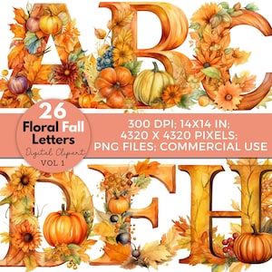 Letras para tablón de anuncios de otoño, ilustraciones de letras florales de otoño, imágenes prediseñadas de letras del alfabeto de calabaza, imágenes prediseñadas del alfabeto de otoño en acuarela