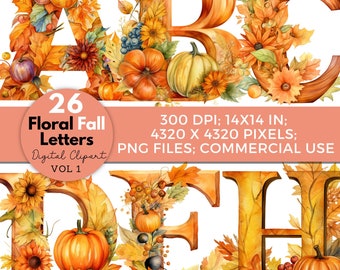 May include: Watercolor floral letters A, B, C, D, E, F, and H, with pumpkins, sunflowers, and fall leaves. The letters are in shades of orange and brown. The image includes the text "26 Floral Fall Letters Digital Clipart Vol 1".