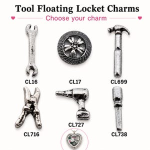 May include: A collection of silver-toned metal floating locket charms shaped like tools, including a wrench, tire, hammer, pliers, drill, and screwdriver. Each charm is labeled with a code: CL16, CL17, CL699, CL716, CL727, and CL738. A heart-shaped locket is shown below.