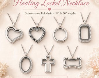 Stainless Steel Floating Locket Necklace – Crystal Accents, DIY Jewelry