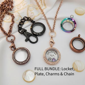 May include: A collection of lockets and charms in various colors and styles. Includes a rose gold locket with the word "GRANDMA" and a heart charm, a rainbow-colored locket, and a bronze-colored locket. The text "FULL BUNDLE: Locket, Plate, Charms & Chain" is also visible.
