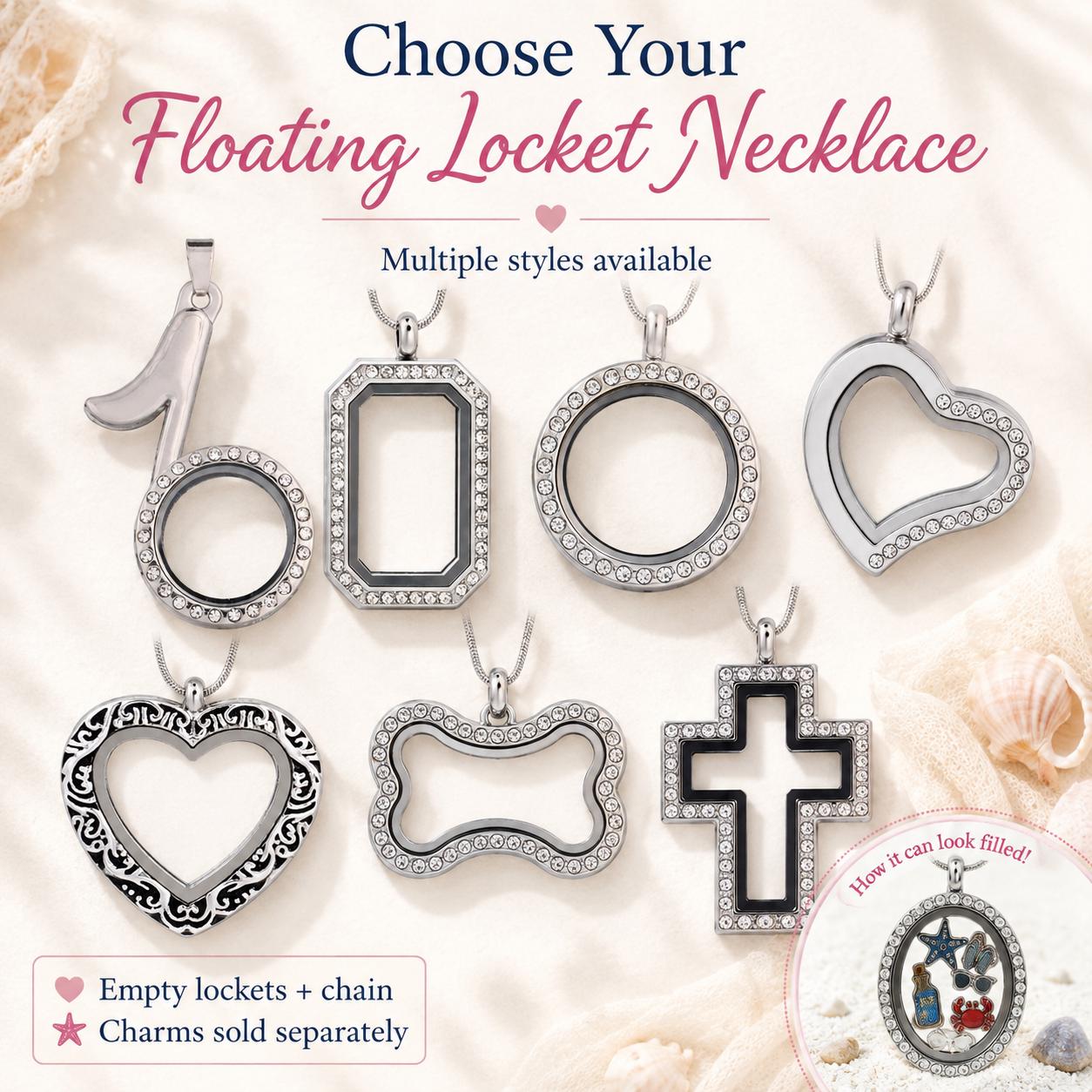 Sterling Silver Floating Locket Necklace - Choose Shape, Empty…