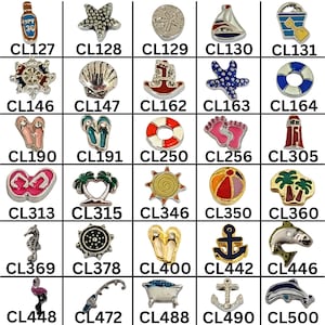 May include: A grid of thirty small metal charms featuring nautical and summer themes, including a sunscreen bottle, starfish, sailboat, flip-flops, life preservers, palm trees, anchors, a lighthouse, a flamingo, and a dolphin, each labeled with a unique code.