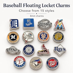 May include: A collection of 15 baseball floating locket charms, each measuring 8mm. The charms feature various Major League Baseball team logos and names in enamel and metal finishes, including the Tigers, Royals, Brewers, Yankees, Mets, Pirates, Giants, Mariners, Cardinals, Rays, Rangers, Blue Jays, and Nationals.