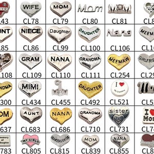 May include: A collection of heart-shaped charms with various words like "Sister," "Wife," "Mom," and "Daughter." Charms are silver, gold, and red, with some featuring decorative elements. Ideal for jewelry making.