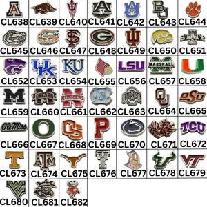May include: A collection of metal pins featuring various college and university logos. Each pin has a unique design and color scheme, with text and symbols representing different schools. The pins are arranged in rows and columns.