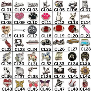 May include: A collection of small, colorful charms with various designs, including words like "Love", animal paw prints, a cat, a football, a motorcycle, a camera, and a baseball. Each charm is labeled with a "CL" number.