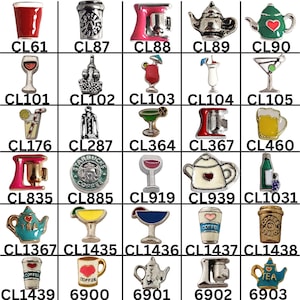 May include: A collection of small, colorful charms featuring various beverage-related designs. Includes a red cocktail glass, a coffee cup, a teapot, a martini glass, and a Starbucks logo charm.