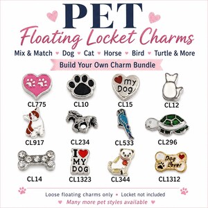 May include: A collection of metal floating locket charms featuring various pet-themed designs including hearts, paw prints, animals, and bones. Text includes PET Floating Locket Charms, Mix & Match, Build Your Own Charm Bundle, and specific codes.