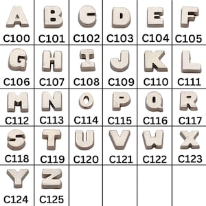 May include: A set of 26 silver metal alphabet letter charms, each letter is in a separate square. The letters are arranged in alphabetical order from A to Z. The charms are labeled with numbers from C100 to C125.