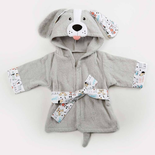 100% Organic Cotton Cute Baby Bathrobe Gray Dog Design