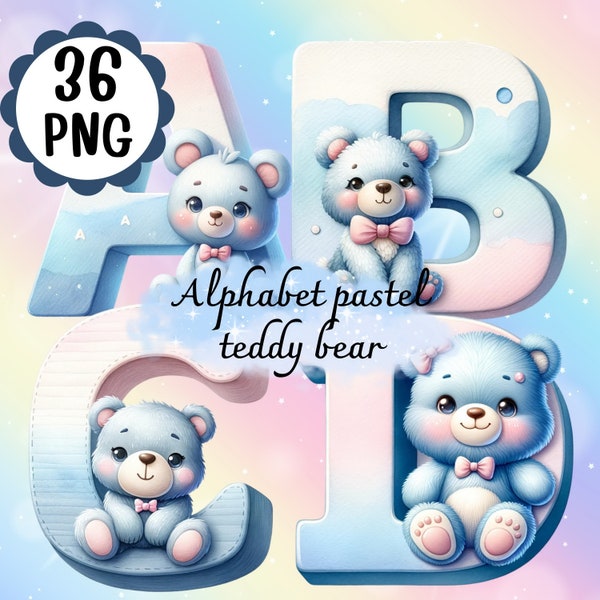 Alphabet & Numbers Digital File Set pastel color and teddy bear PNG file