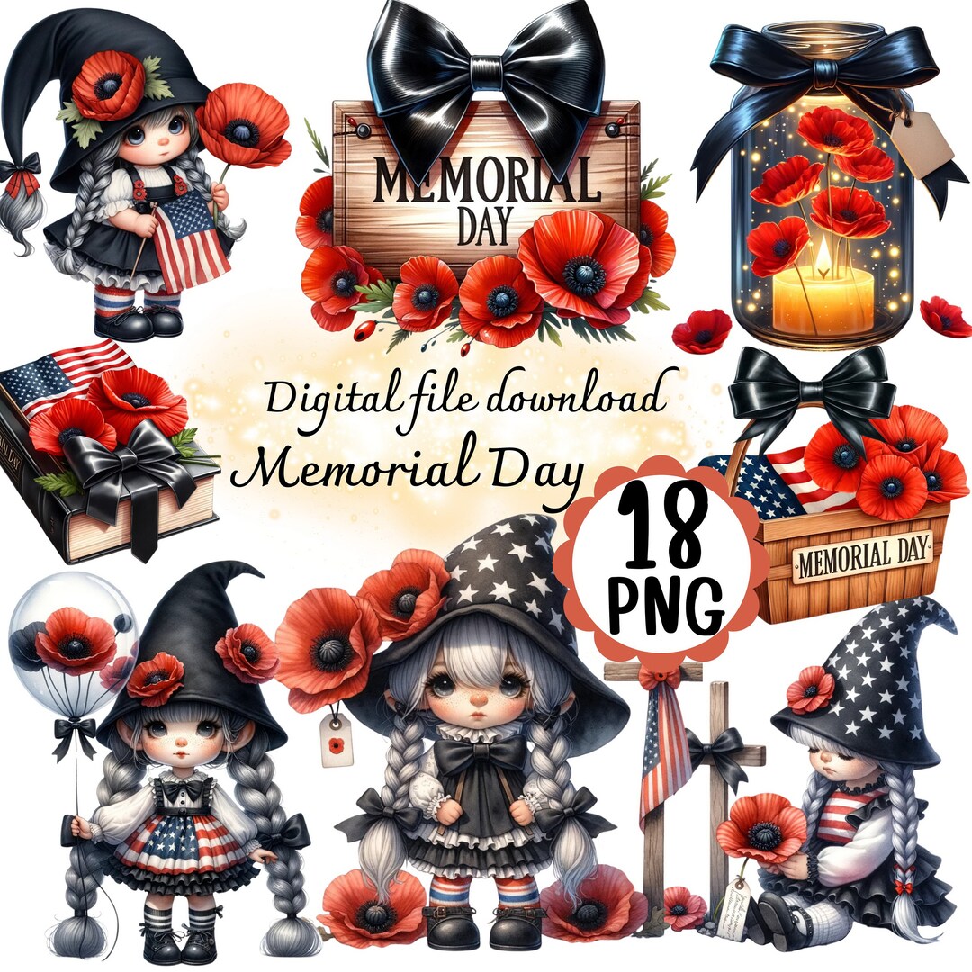Memorial Day Clipart 18 PNG File Digital Download Gnome Girl Memorial ...