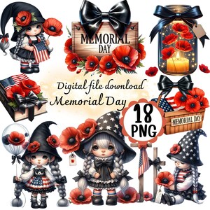 Memorial day clipart 18 PNG archivo descarga digital Gnome girl Memorial day amapola acuarela.