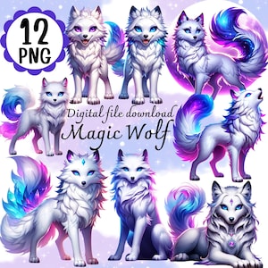Magische wolf clipart 12 PNG-bestand digitale download Een oogverblindende paarse Sparkle fantasie magische wolf.